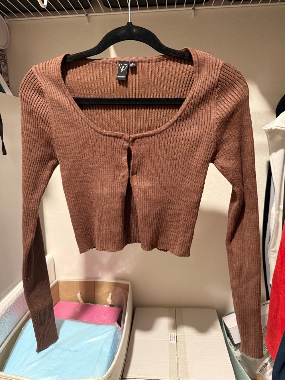 Windsor Brown Ribbed Cropped Long-Sleeve Cardigan
